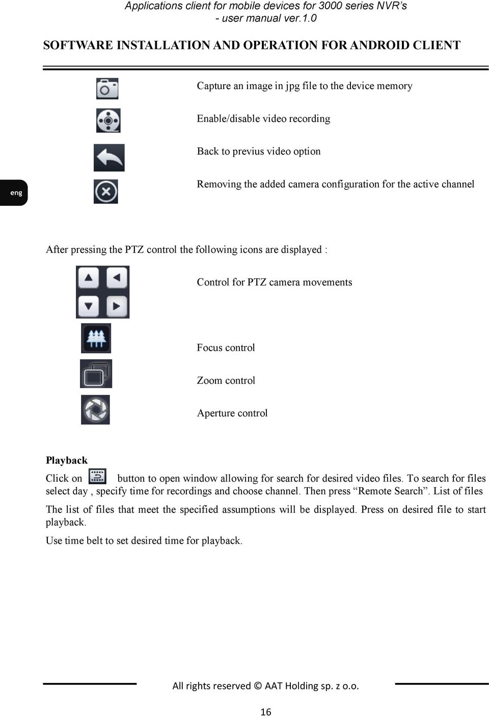 configuration for the active channel After pressing the PTZ control the following icons are displayed : Control for PTZ camera movements Focus control Zoom control Aperture control Playback Click on