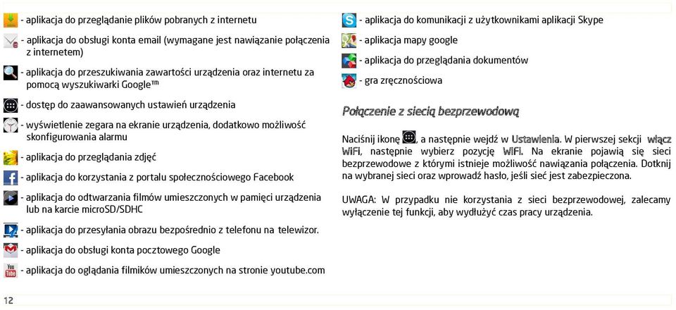 zegara na ekranie urządzenia, dodatkowo możliwość skonfigurowania alarmu - gra zręcznościowa Połączenie z siecią bezprzewodową - aplikacja do korzystania z portalu społecznościowego Facebook Naciśnij