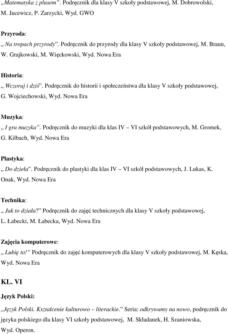 Gromek, G. Kilbach, Do dzieła. Podręcznik do plastyki dla klas IV VI szkół podstawowych, J. Lukas, K. Onak, Jak to działa? Podręcznik do zajęć technicznych dla klasy V szkoły podstawowej, L.