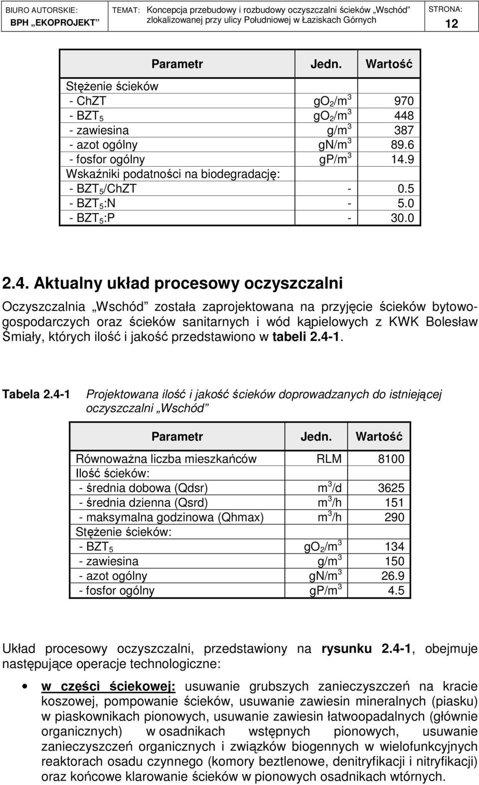 Aktualny układ procesowy oczyszczalni Oczyszczalnia Wschód została zaprojektowana na przyjęcie ścieków bytowogospodarczych oraz ścieków sanitarnych i wód kąpielowych z KWK Bolesław Śmiały, których