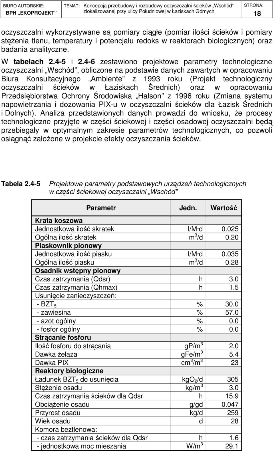 4-6 zestawiono projektowe parametry technologiczne oczyszczalni Wschód, obliczone na podstawie danych zawartych w opracowaniu Biura Konsultacyjnego Ambiente z 1993 roku (Projekt technologiczny