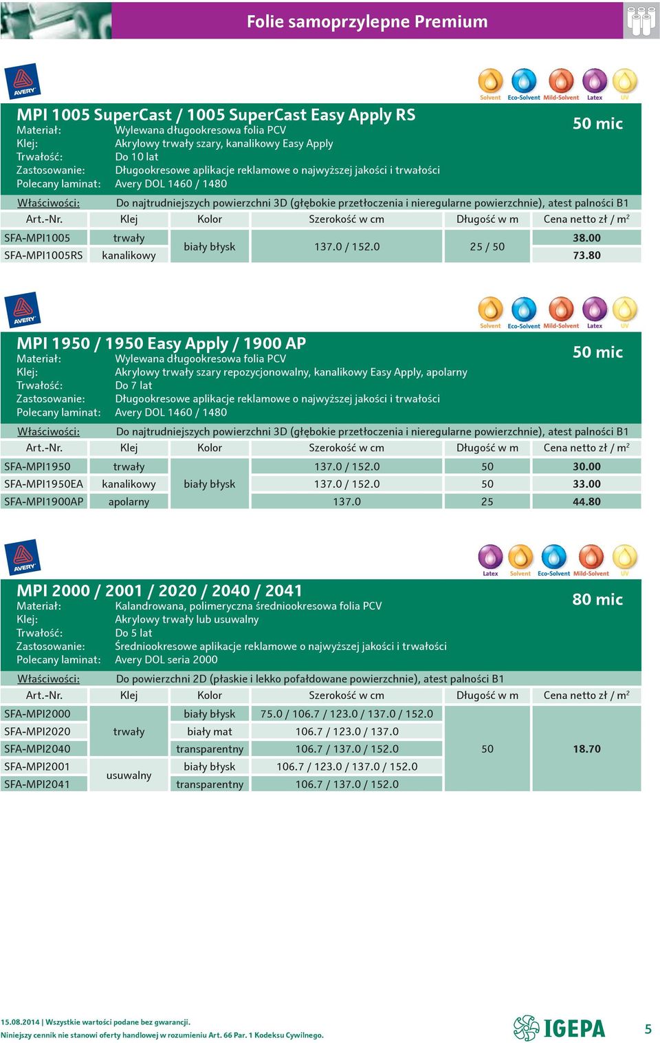 palności B1 Art.-Nr. Klej Kolor Szerokość w cm Długość w m Cena netto zł / m 2 SFA-MPI1005 trwały 38.00 biały błysk 137.0 / 152.0 25 / 50 SFA-MPI1005RS kanalikowy 73.