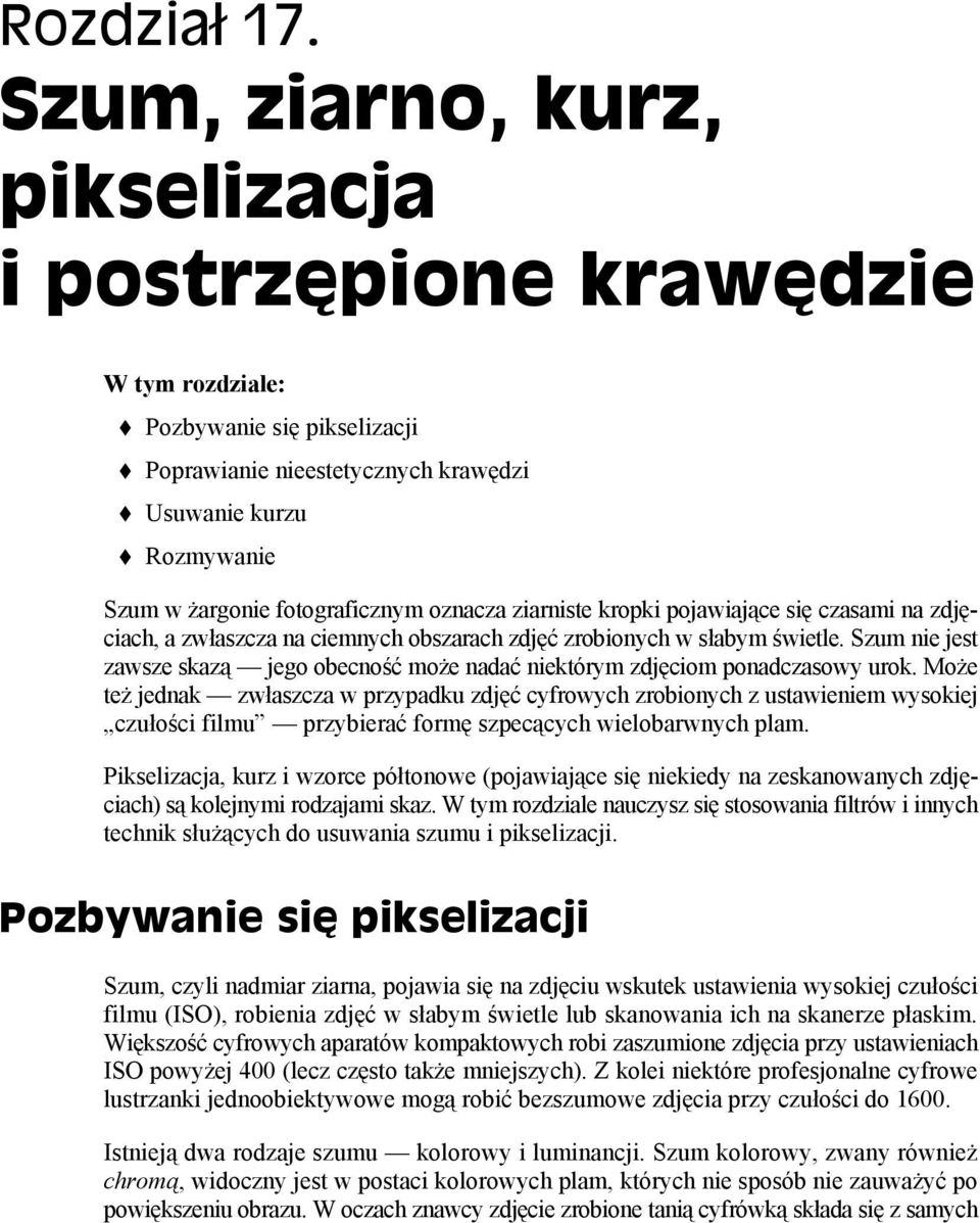 oznacza ziarniste kropki pojawiające się czasami na zdjęciach, a zwłaszcza na ciemnych obszarach zdjęć zrobionych w słabym świetle.