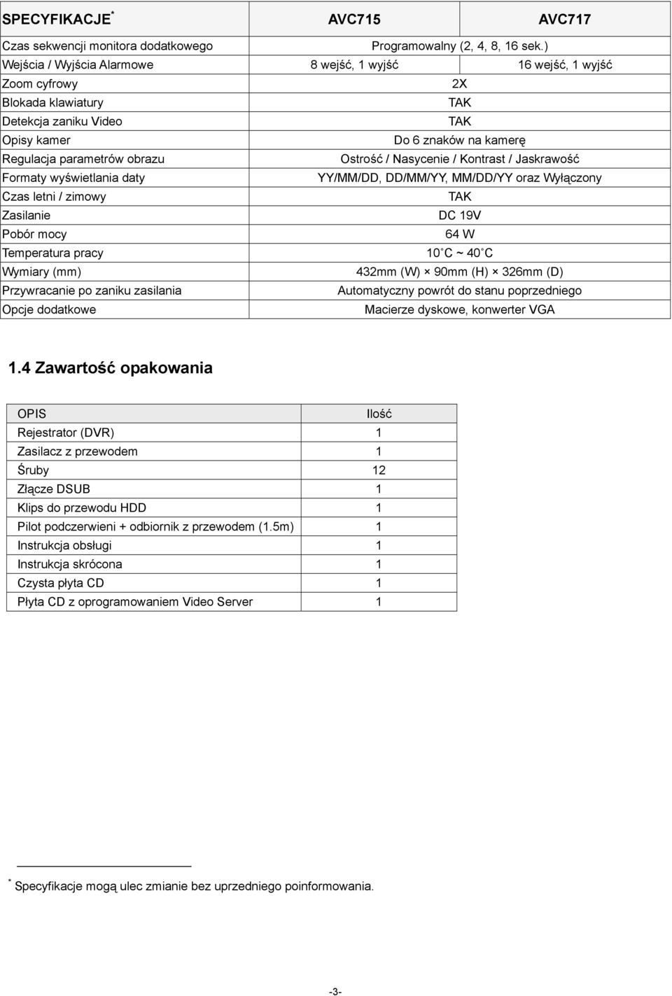 / Nasycenie / Kontrast / Jaskrawość Formaty wyświetlania daty YY/MM/DD, DD/MM/YY, MM/DD/YY oraz Wyłączony Czas letni / zimowy TAK Zasilanie DC 19V Pobór mocy 64 W Temperatura pracy 10 C ~ 40 C