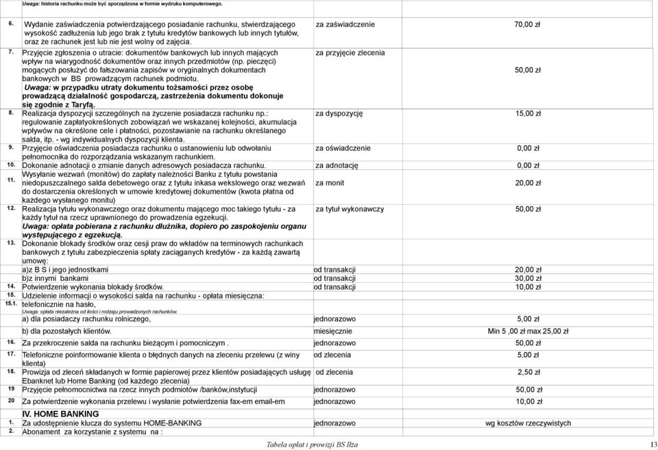 od zajęcia. za zaświadczenie 7. Przyjęcie zgłoszenia o utracie: dokumentów bankowych lub innych mających za przyjęcie zlecenia wpływ na wiarygodność dokumentów oraz innych przedmiotów (np.