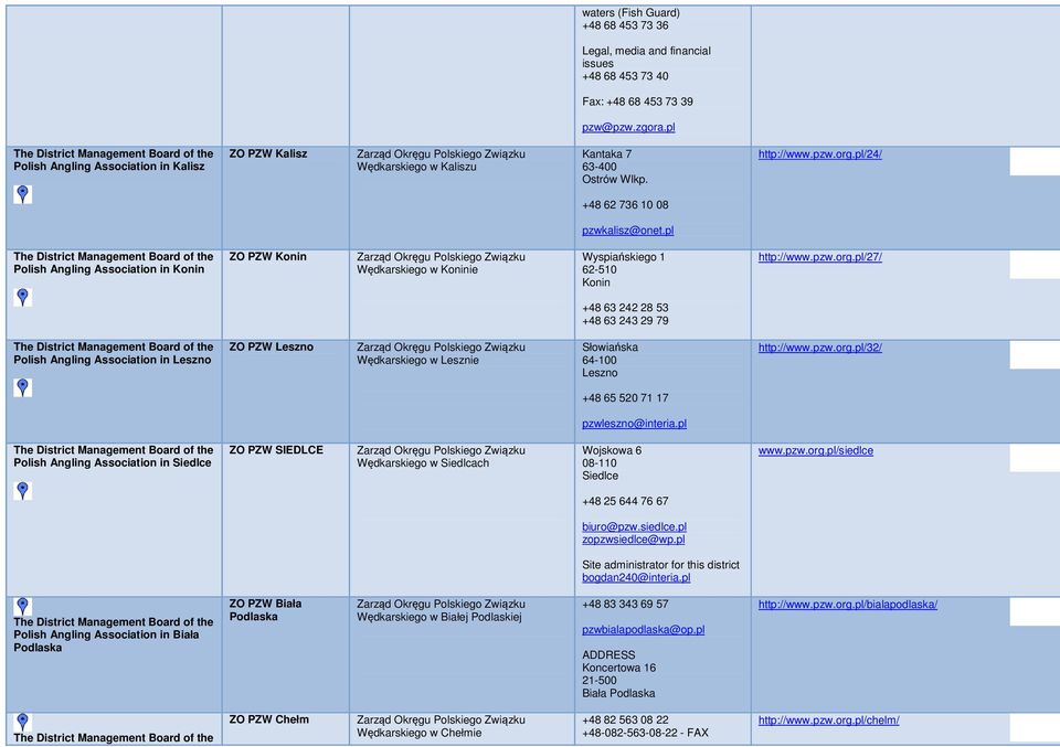 pzw.org.pl/32/ +48 65 520 71 17 pzwleszno@interia.pl Siedlce ZO PZW SIEDLCE Wędkarskiego w Siedlcach Wojskowa 6 08-110 Siedlce www.pzw.org.pl/siedlce +48 25 644 76 67 biuro@pzw.siedlce.pl zopzwsiedlce@wp.