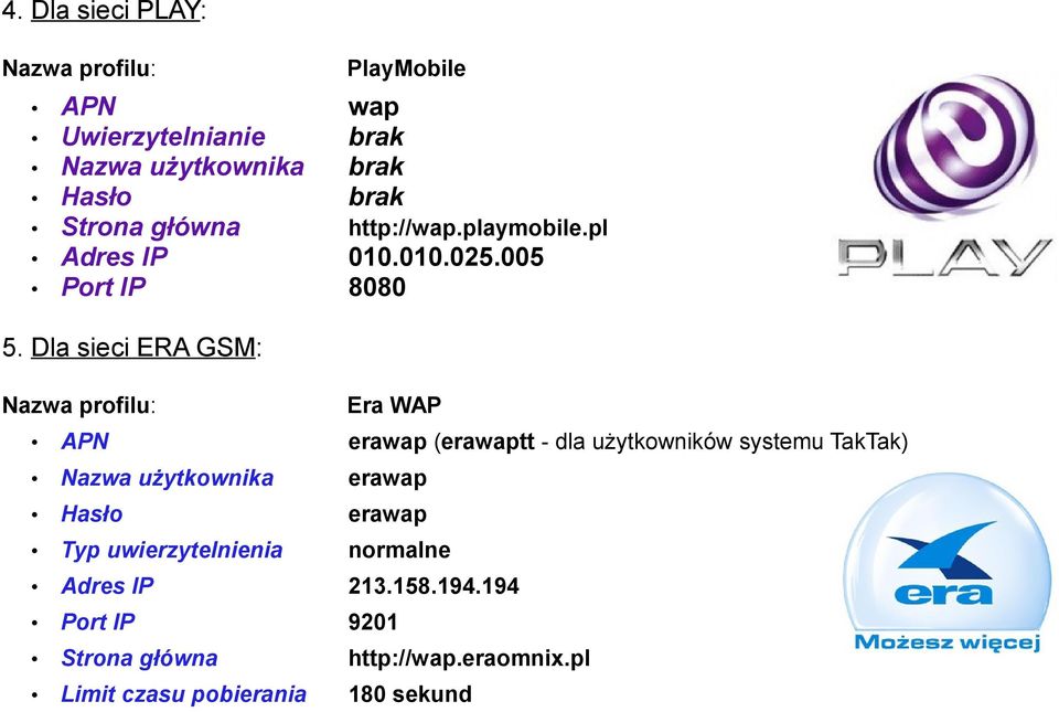 Dla sieci ERA GSM: Era WAP APN erawap (erawaptt - dla użytkowników systemu TakTak) Nazwa użytkownika erawap