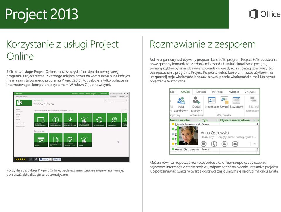 Rozmawianie z zespołem Jeśli w organizacji jest używany program Lync 2013, program Project 2013 udostępnia nowe sposoby komunikacji z członkami zespołu.