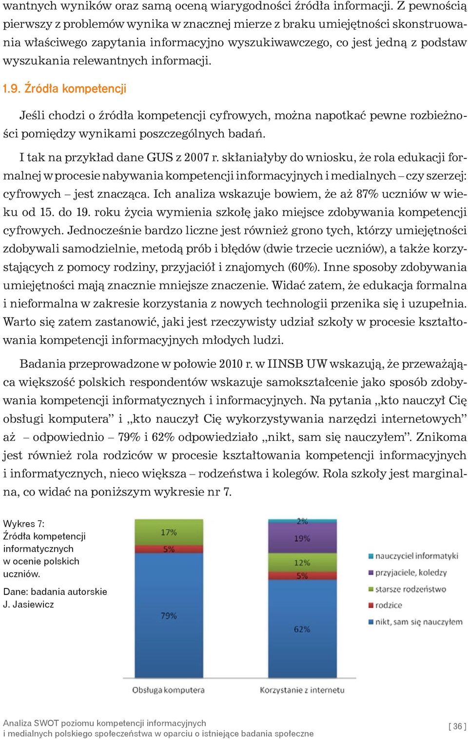 informacji. 1.9. Źródła kompetencji Jeśli chodzi o źródła kompetencji cyfrowych, można napotkać pewne rozbieżności pomiędzy wynikami poszczególnych badań. I tak na przykład dane GUS z 2007 r.