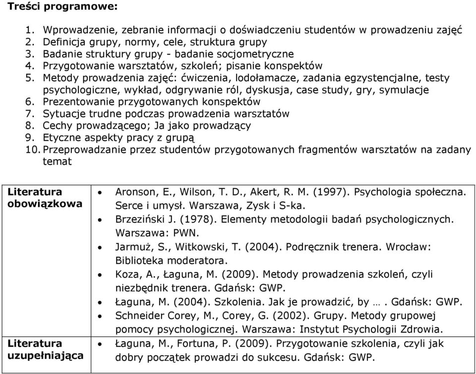 Metody prowadzenia zajęć: ćwiczenia, lodołamacze, zadania egzystencjalne, testy psychologiczne, wykład, odgrywanie ról, dyskusja, case study, gry, symulacje 6.