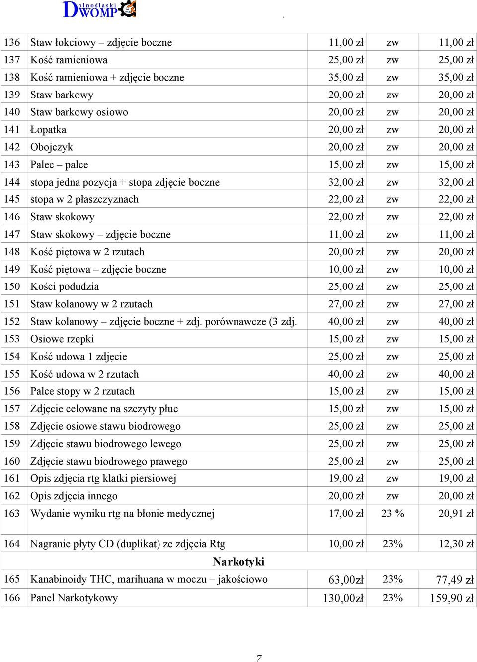 32,00 zł 145 stopa w 2 płaszczyznach 22,00 zł zw 22,00 zł 146 Staw skokowy 22,00 zł zw 22,00 zł 147 Staw skokowy zdjęcie boczne 11,00 zł zw 11,00 zł 148 Kość piętowa w 2 rzutach 20,00 zł zw 20,00 zł