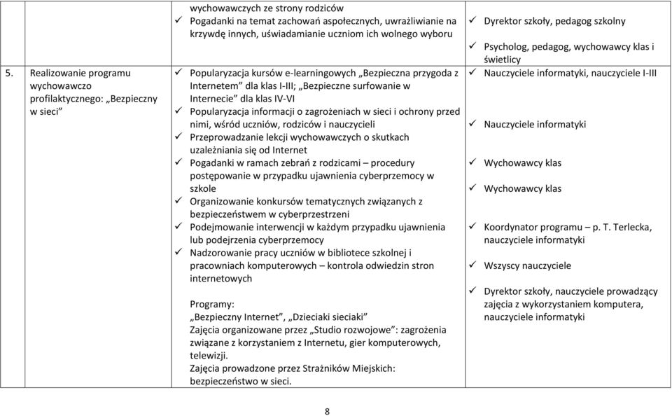 zagrożeniach w sieci i ochrony przed nimi, wśród uczniów, rodziców i nauczycieli Przeprowadzanie lekcji wychowawczych o skutkach uzależniania się od Internet Pogadanki w ramach zebrań z rodzicami