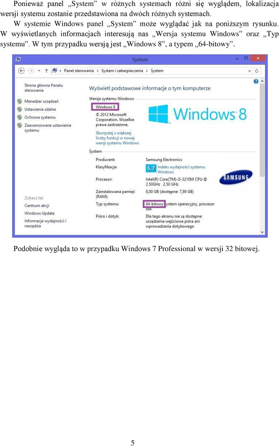 W systemie Windows panel System może wyglądać jak na poniższym rysunku.