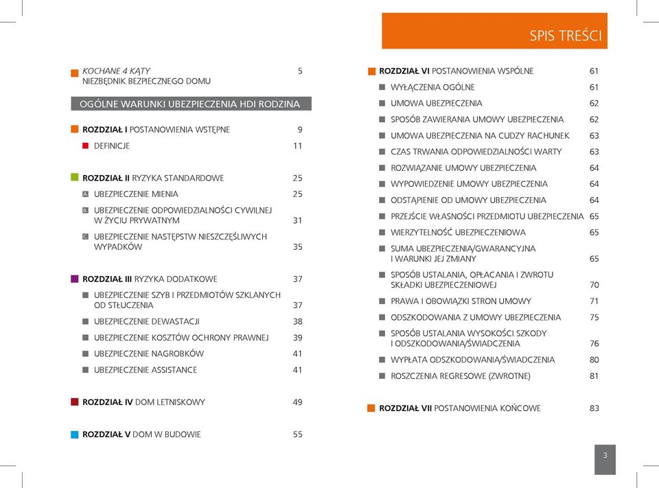 PRZEDMIOTÓW SZKLANYCH OD STŁUCZENIA 37 UBEZPIECZENIE DEWASTACJI 38 UBEZPIECZENIE KOSZTÓW OCHRONY PRAWNEJ 39 UBEZPIECZENIE NAGROBKÓW 41 UBEZPIECZENIE ASSISTANCE 41 ROZDZIAŁ VI POSTANOWIENIA WSPÓLNE 61