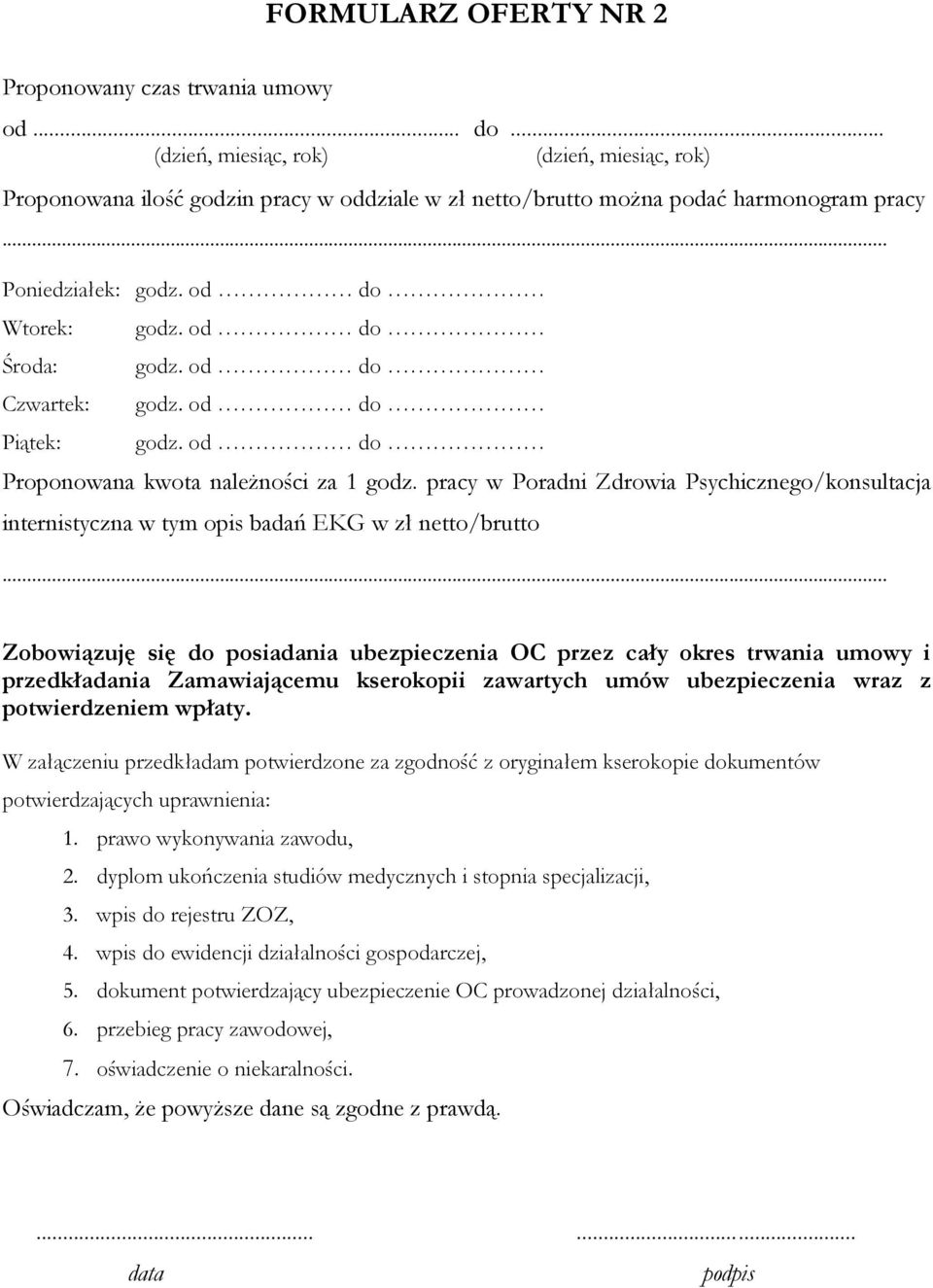 pracy w Poradni Zdrowia Psychicznego/konsultacja internistyczna w tym opis badań EKG w zł netto/brutto.