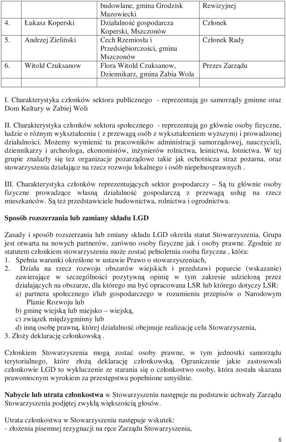 Charakterystyka członków sektora publicznego - reprezentują go samorządy gminne oraz Dom Kultury w śabiej Woli II.