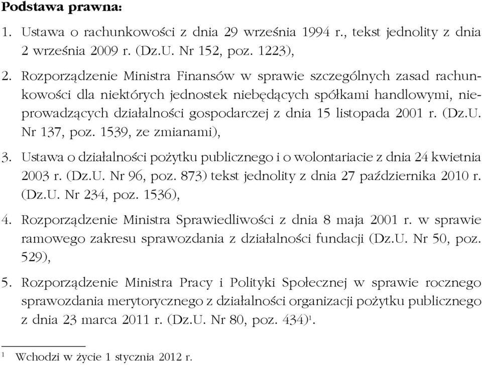 2001 r. (Dz.U. Nr 137, poz. 1539, ze zmianami), 3. Ustawa o działalności pożytku publicznego i o wolontariacie z dnia 24 kwietnia 2003 r. (Dz.U. Nr 96, poz.