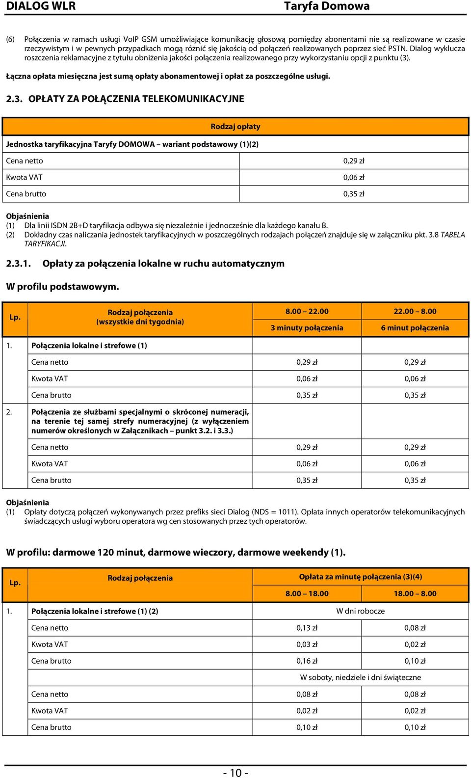 Łączna opłata miesięczna jest sumą opłaty abonamentowej i opłat za poszczególne usługi. 2.3.