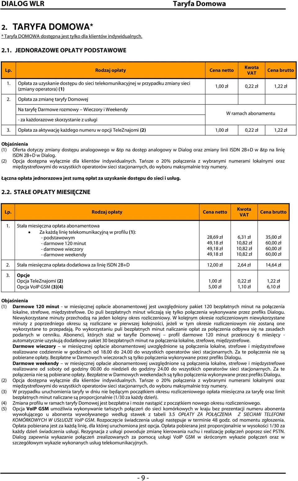 JEDNORAZOWE OPŁATY PODSTAWOWE Rodzaj opłaty Cena netto Kwota VAT Cena brutto Opłata za uzyskanie dostępu do sieci telekomunikacyjnej w przypadku zmiany sieci (zmiany operatora) (1) 1,00 zł 0,22 zł