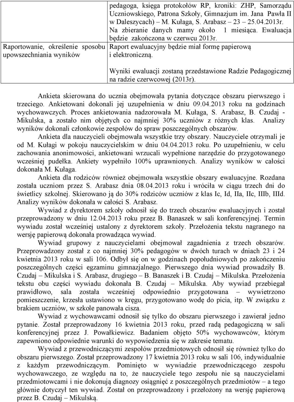 Wyniki ewaluacji zostaną przedstawione Radzie Pedagogicznej na radzie czerwcowej (2013r). Ankieta skierowana do ucznia obejmowała pytania dotyczące obszaru pierwszego i trzeciego.