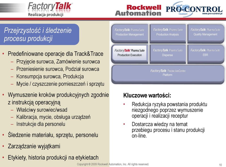 personelu Śledzenie materiału, sprzętu, personelu Production Management Production Analysis Quality Management Production Execution Dispense EBR Platform Kluczowe wartości: Redukcja ryzyka powstania