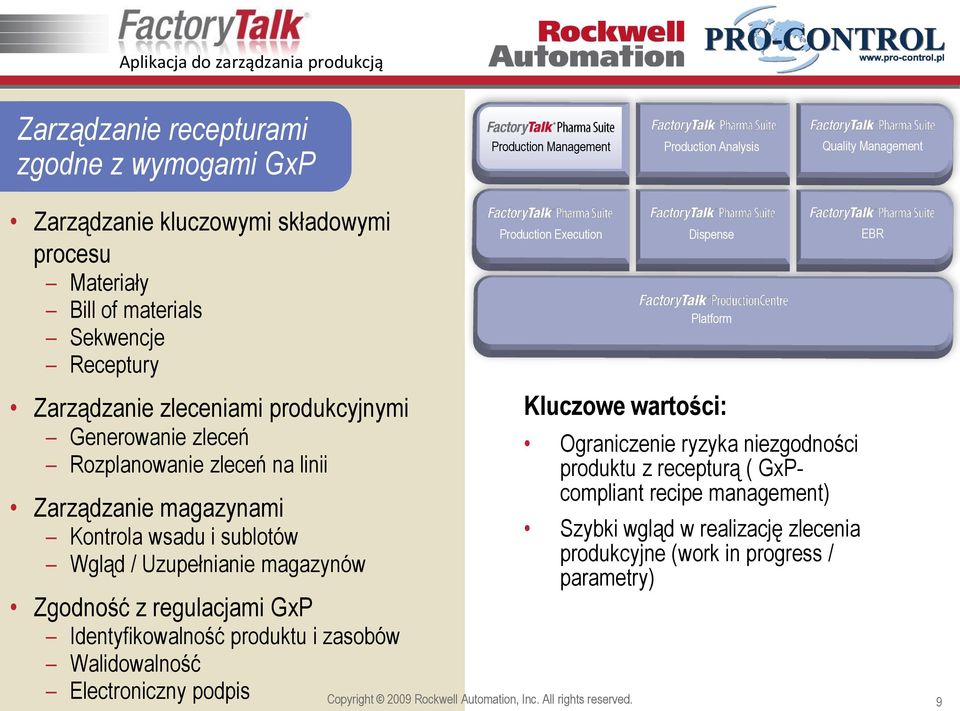 Zgodność z regulacjami GxP Identyfikowalność produktu i zasobów Walidowalność Electroniczny podpis Production Execution Dispense EBR Platform Kluczowe wartości: Ograniczenie ryzyka niezgodności