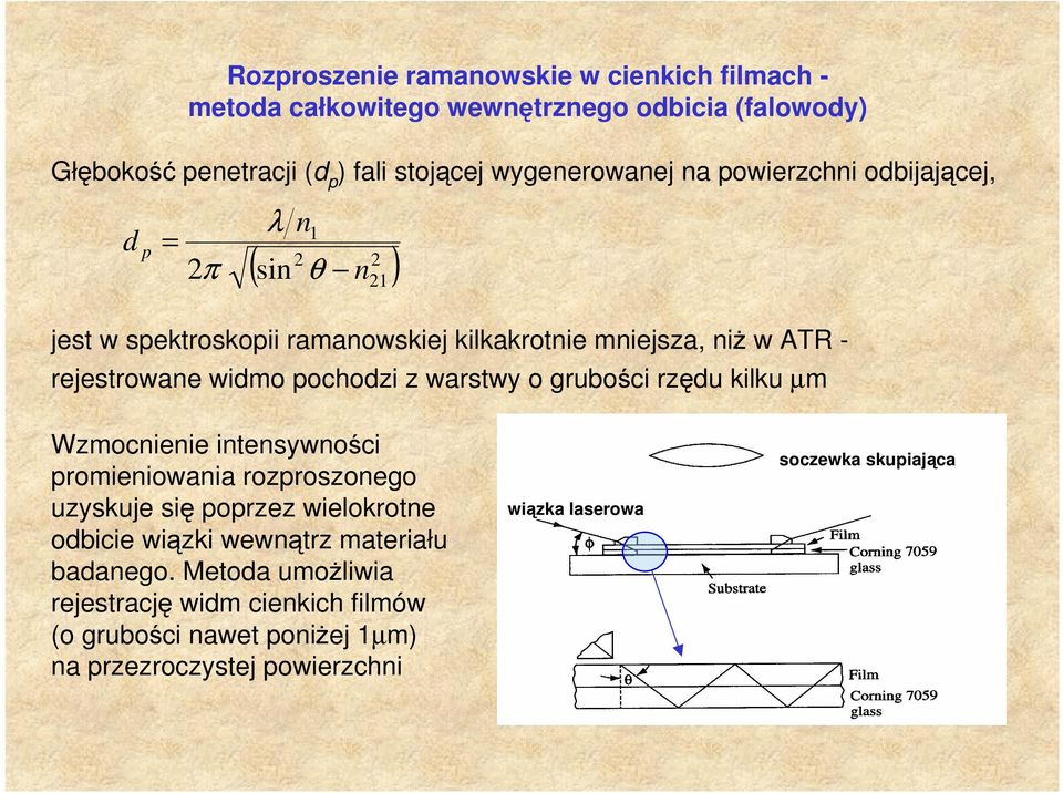 warstwy o grubości rzędu kilku µm Wzmocnienie intensywności promieniowania rozproszonego uzyskuje się poprzez wielokrotne odbicie wiązki wewnątrz materiału