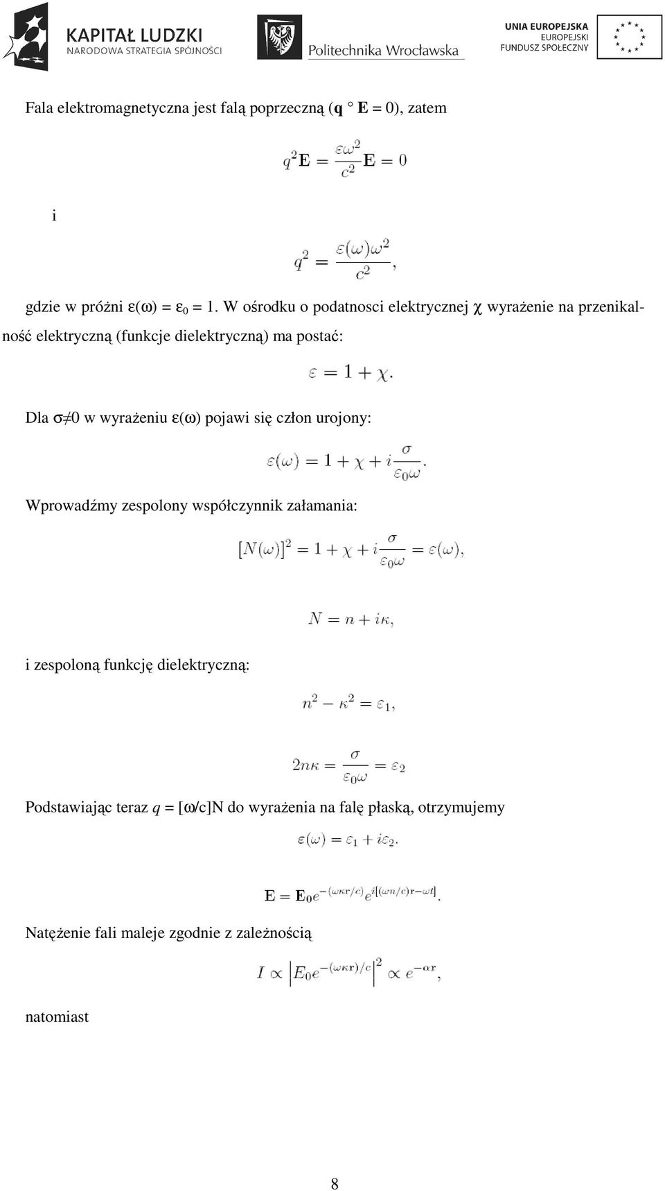 σ 0 w wyraŝeniu ε(ω) pojawi się człon urojony: Wprowadźmy zespolony współczynnik załamania: i zespoloną funkcję