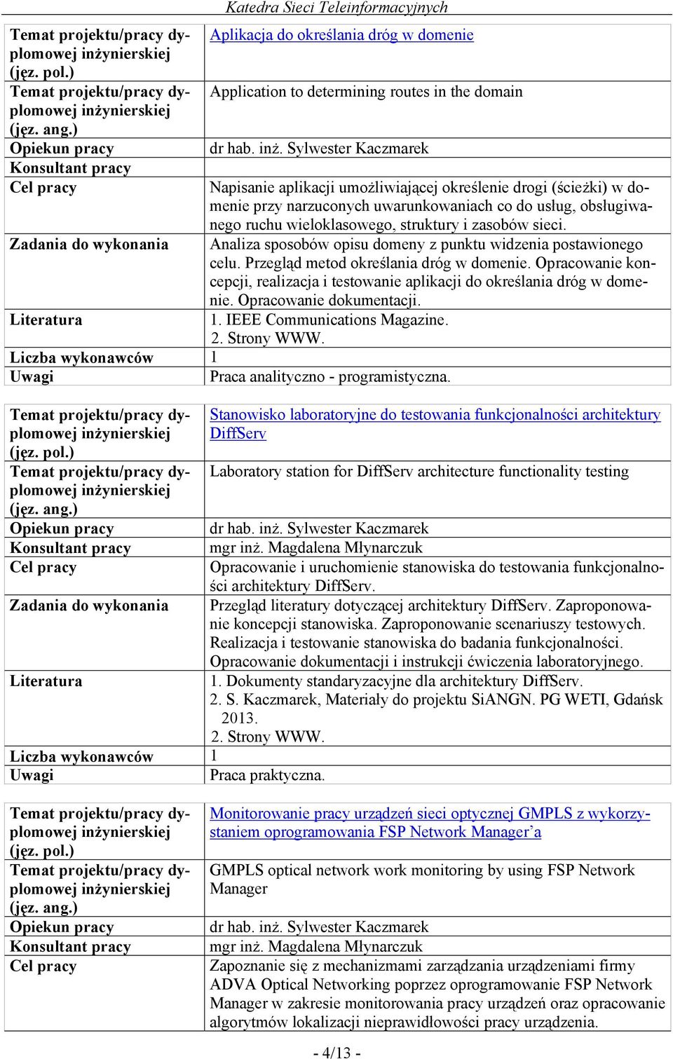 Opracowanie koncepcji, realizacja i testowanie aplikacji do określania dróg w domenie. Opracowanie dokumentacji. 1. IEEE Communications Magazine. Praca analityczno - programistyczna. Praca praktyczna.