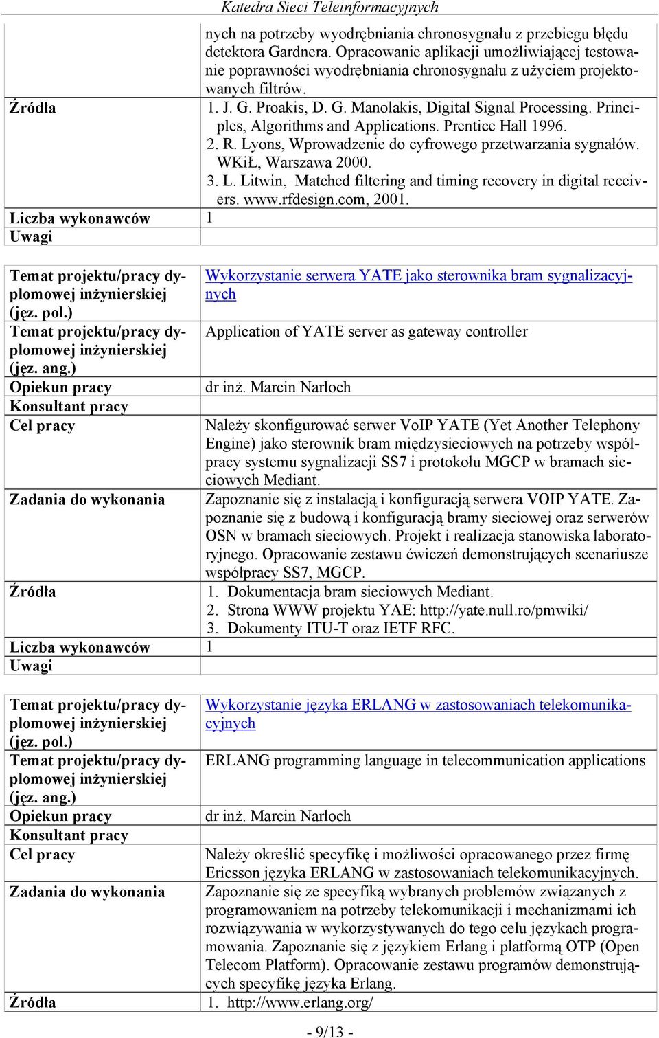 Principles, Algorithms and Applications. Prentice Hall 1996. 2. R. Lyons, Wprowadzenie do cyfrowego przetwarzania sygnałów. WKiŁ, Warszawa 2000. 3. L. Litwin, Matched filtering and timing recovery in digital receivers.