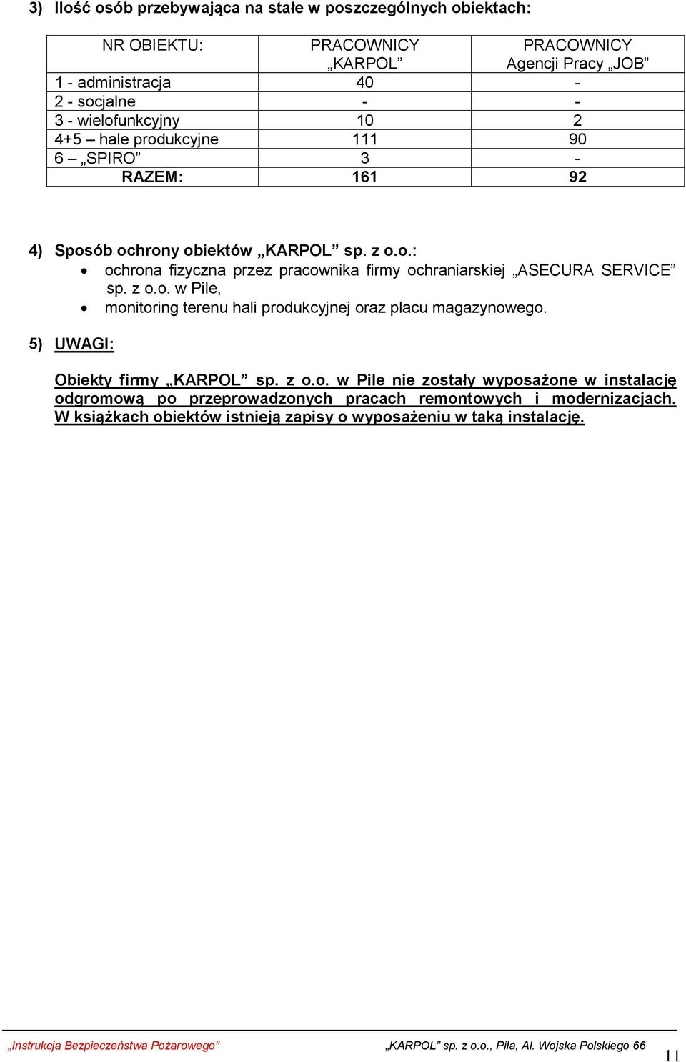 z o.o. w Pile, monitoring terenu hali produkcyjnej oraz placu magazynowego. 5) UWAGI: Obiekty firmy KARPOL sp. z o.o. w Pile nie zostały wyposażone w instalację odgromową po przeprowadzonych pracach remontowych i modernizacjach.