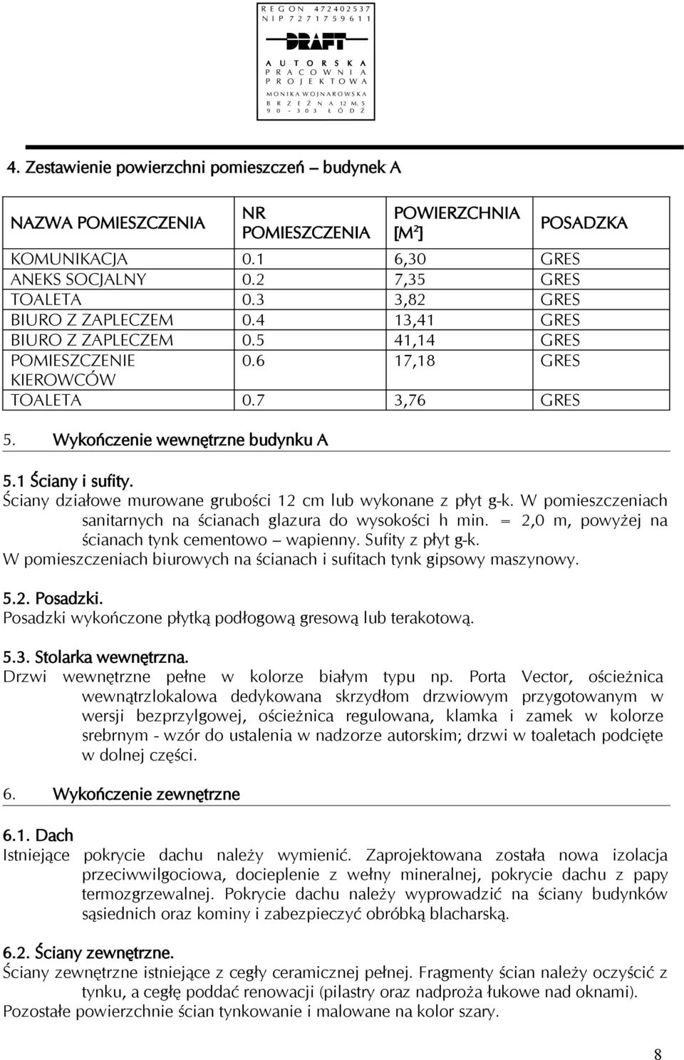 3 3,82 GRES BIURO Z ZAPLECZEM 0.4 13,41 GRES BIURO Z ZAPLECZEM 0.5 41,14 GRES POMIESZCZENIE 0.6 17,18 GRES KIEROWCÓW TOALETA 0.7 3,76 GRES 5. Wykończenie wewnętrzne budynku A 5.1 Ściany i sufity.