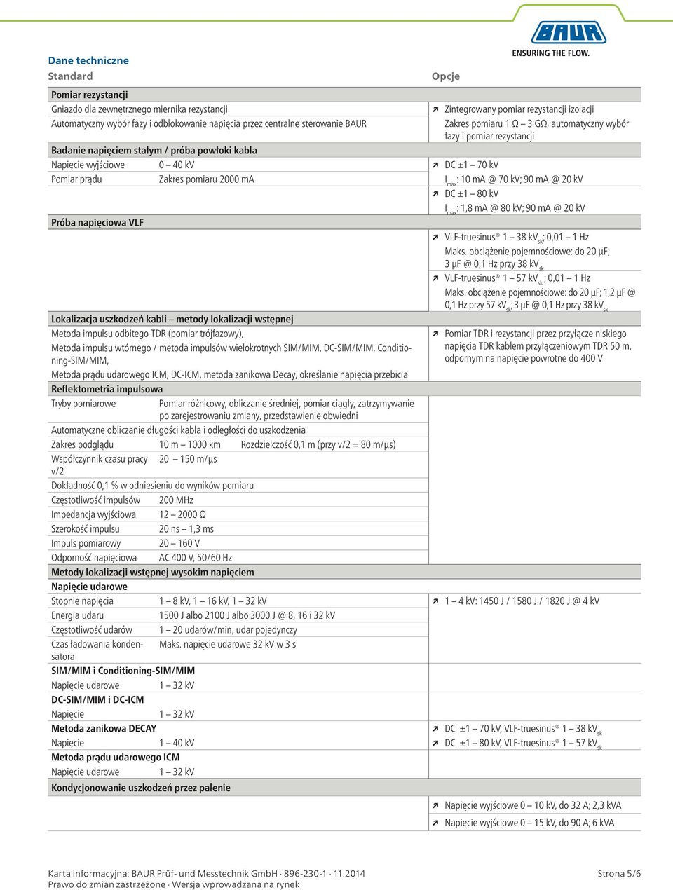 pomiaru 2000 ma I max : 10 ma @ 70 kv; 90 ma @ 20 kv DC ±1 80 kv I max : 1,8 ma @ 80 kv; 90 ma @ 20 kv Próba napięciowa VLF VLF-truesinus 1 38 kv sk ; 0,01 1 Hz Maks.