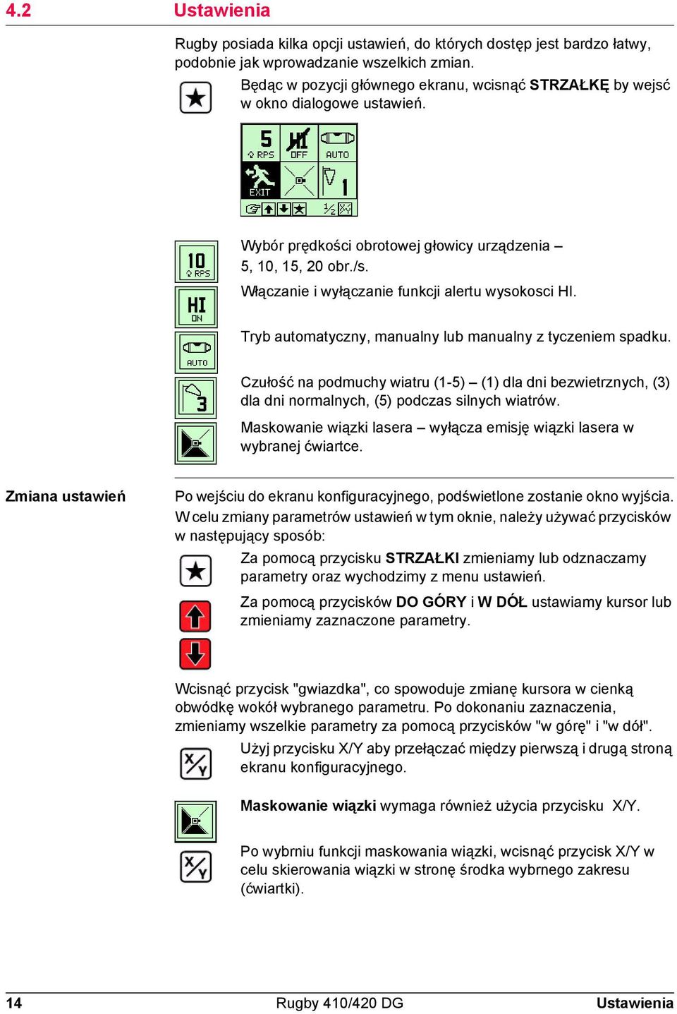 Włączanie i wyłączanie funkcji alertu wysokosci HI. Tryb automatyczny, manualny lub manualny z tyczeniem spadku.