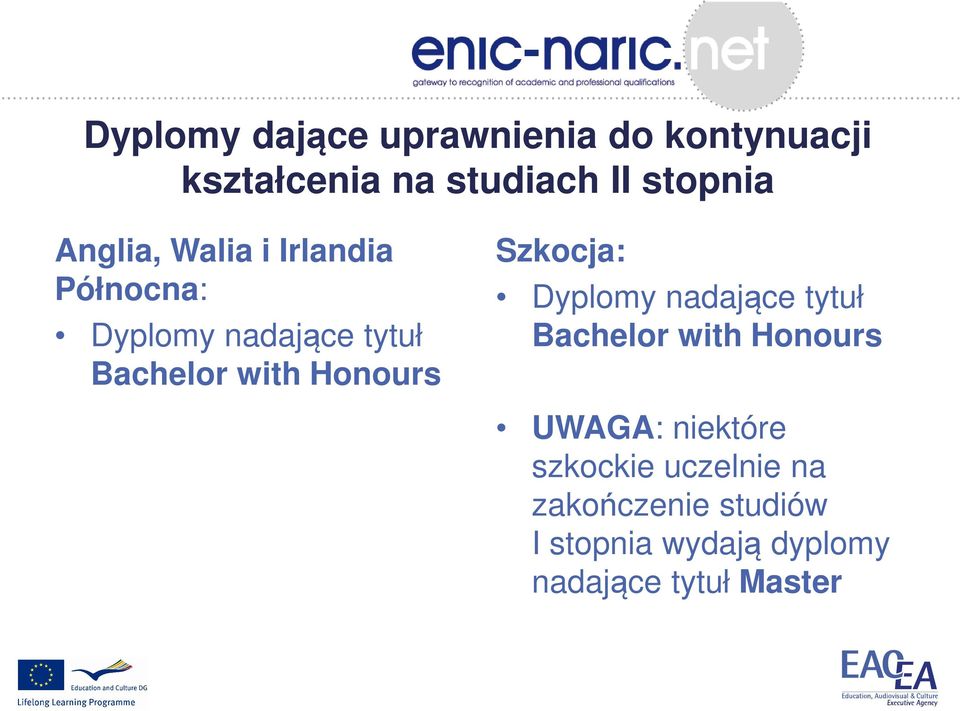 Honours Szkocja: Dyplomy nadające tytuł Bachelor with Honours UWAGA: niektóre