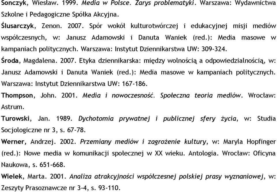 Środa, Magdalena. 2007. Etyka dziennikarska: między wolnością a odpowiedzialnością, w: Janusz Adamowski i Danuta Waniek (red.): Media masowe w kampaniach politycznych.