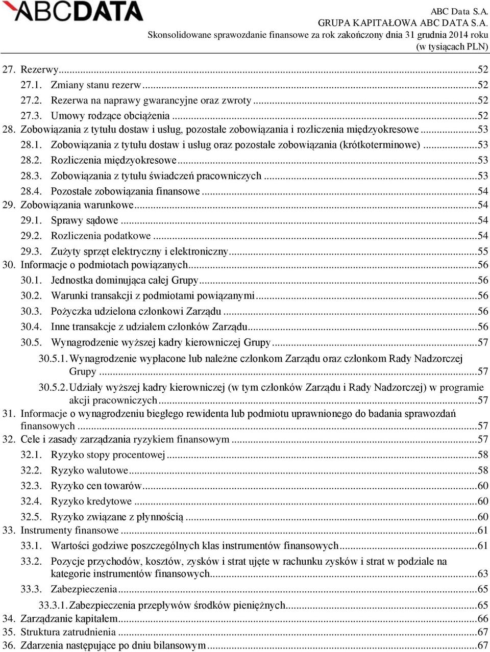 .. 53 28.3. Zobowiązania z tytułu świadczeń pracowniczych... 53 28.4. Pozostałe zobowiązania finansowe... 54 29. Zobowiązania warunkowe... 54 29.1. Sprawy sądowe... 54 29.2. Rozliczenia podatkowe.