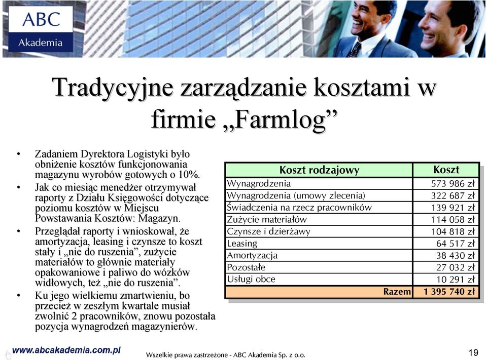 Przegląda dał raporty i wnioskował, że amortyzacja, leasing i czynsze to koszt stały y i nie do ruszenia,, zużycie materiałów w to głównie g materiały opakowaniowe i paliwo do wózkw zków widłowych,