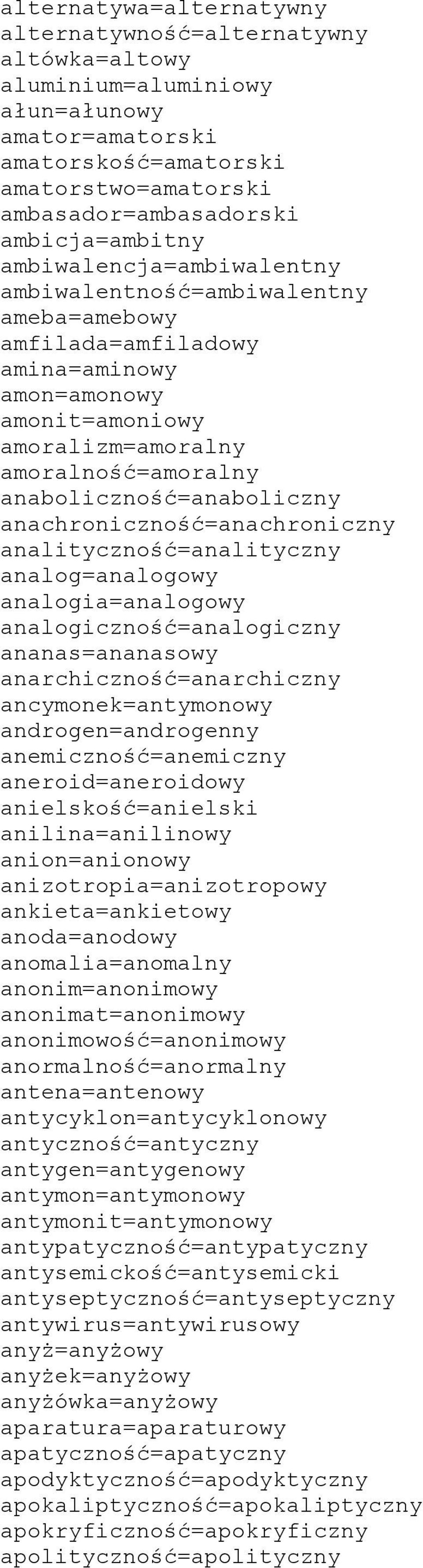 anaboliczność=anaboliczny anachroniczność=anachroniczny analityczność=analityczny analog=analogowy analogia=analogowy analogiczność=analogiczny ananas=ananasowy anarchiczność=anarchiczny