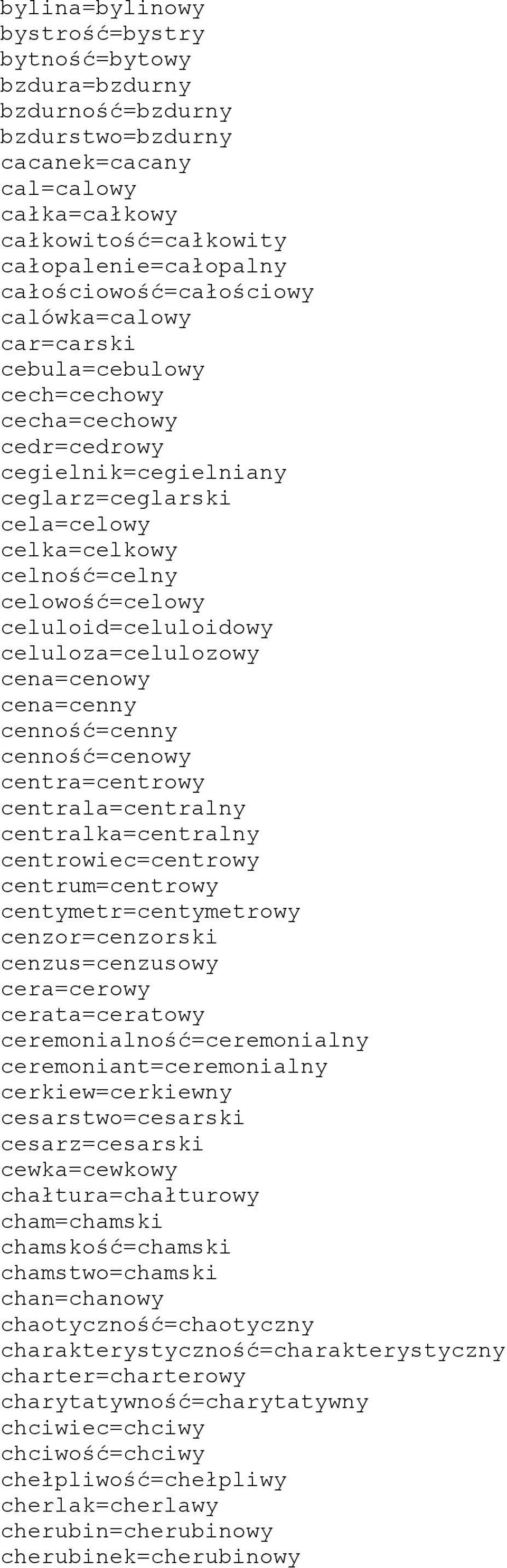 celowość=celowy celuloid=celuloidowy celuloza=celulozowy cena=cenowy cena=cenny cenność=cenny cenność=cenowy centra=centrowy centrala=centralny centralka=centralny centrowiec=centrowy