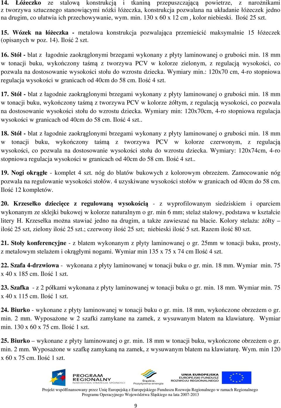 14). Ilość 2 szt. 16. Stół - blat z łagodnie zaokrąglonymi brzegami wykonany z płyty laminowanej o grubości min.