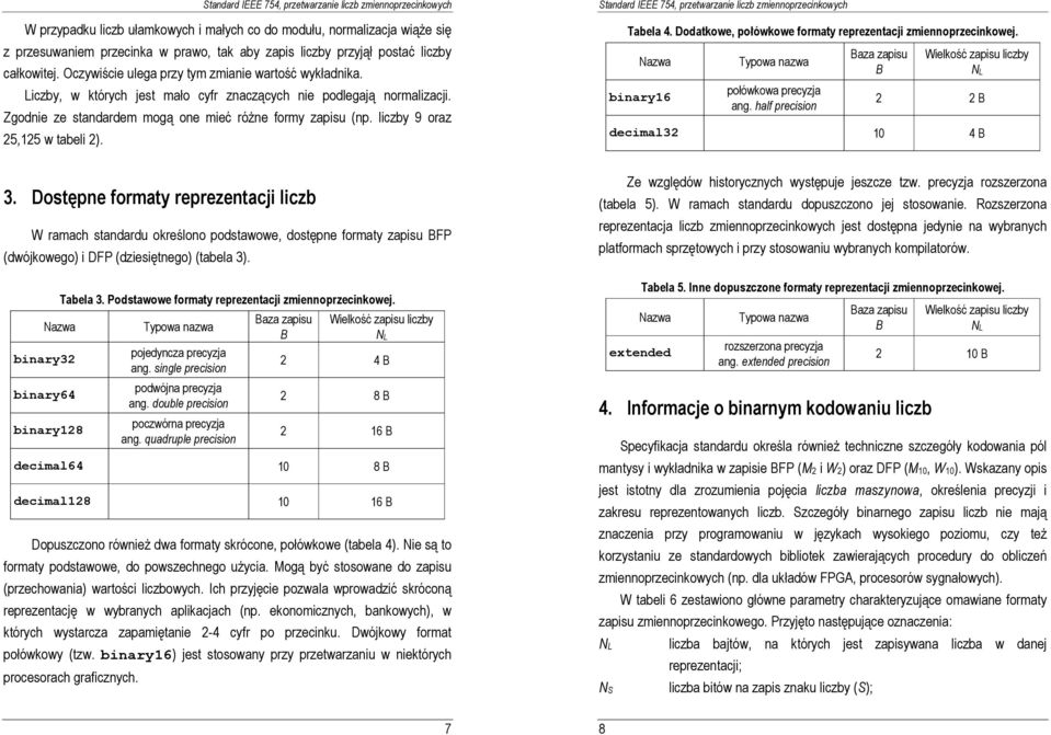 liczby 9 oraz 5,5 w tabeli ). Tabela 4. Dodatkowe, połówkowe formaty reprezentacji zmiennoprzecinkowej. Nazwa binary6 Typowa nazwa połówkowa precyzja ang.