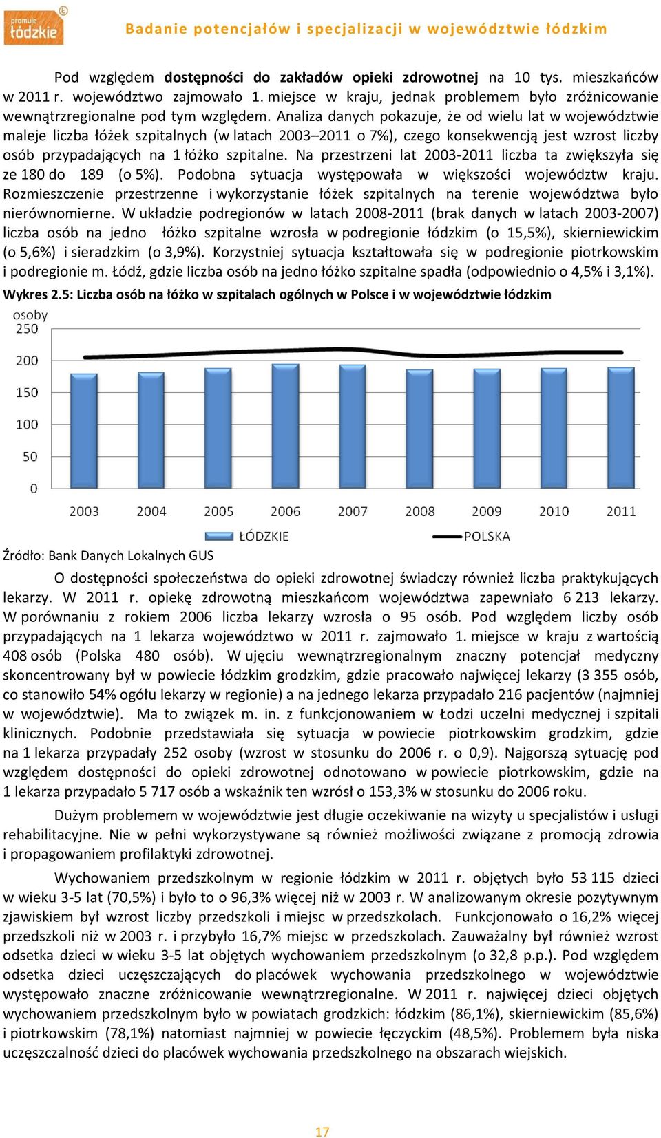 Analiza danych pokazuje, że od wielu lat w województwie maleje liczba łóżek szpitalnych (w latach 2003 2011 o 7%), czego konsekwencją jest wzrost liczby osób przypadających na 1 łóżko szpitalne.