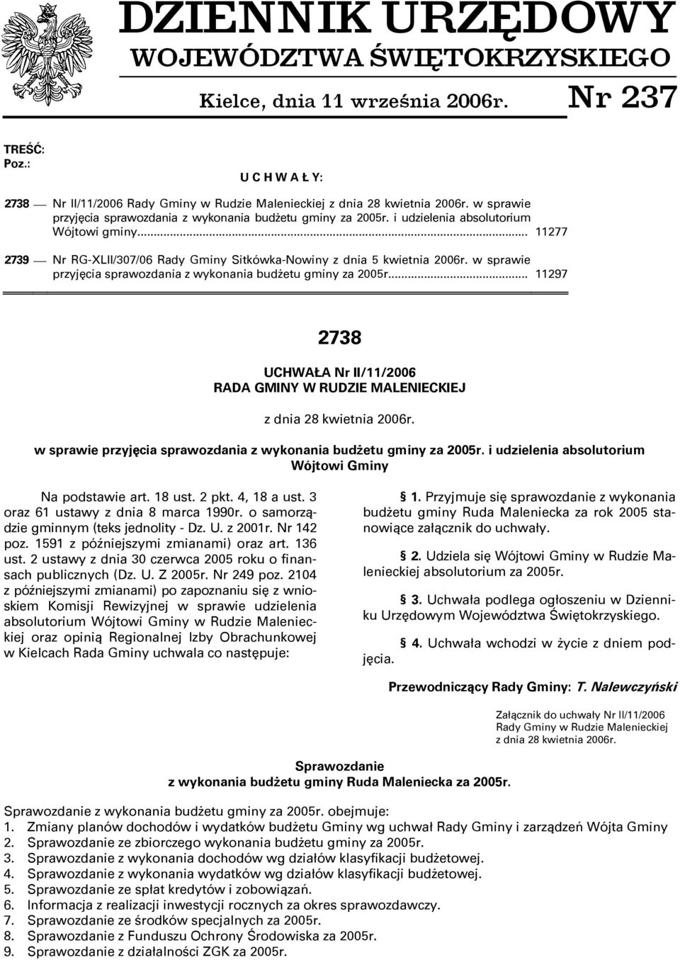 w sprawie przyjęcia sprawozdania z wykonania budżetu gminy za 2005r... 11297 2738 UCHWAŁA Nr II/11/2006 RADA GMINY W RUDZIE MALENIECKIEJ z dnia 28 kwietnia 2006r.