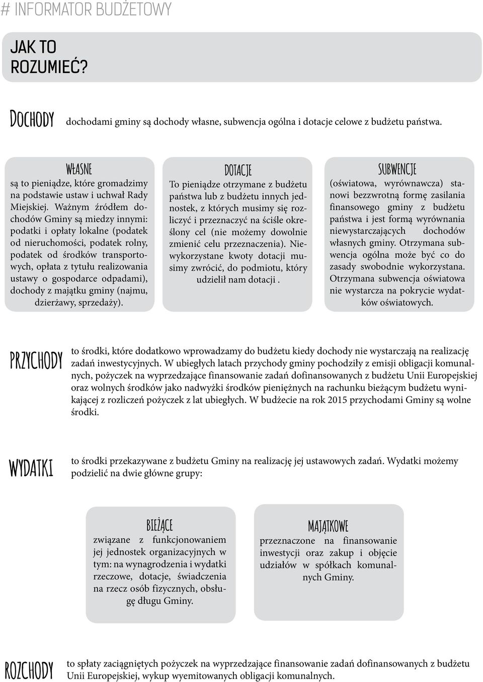 odpadami), dochody z majątku gminy (najmu, dzierżawy, sprzedaży).