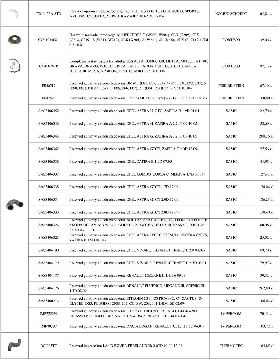 01- CORTECO 39,06 zł CO428761P Kompletny zestaw uszczelek silnika (dół) ALFA ROMEO GIULIETTA, MITO; FIAT 500, BRAVA, BRAVO, DOBLO, LINEA, PALIO, PANDA, PUNTO, STILO; LANCIA DELTA III, MUSA, YPSILON;