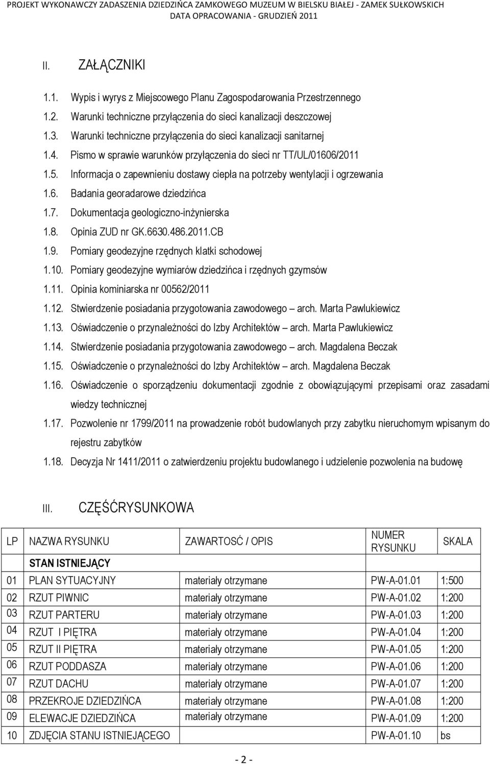 Informacja o zapewnieniu dostawy ciepła na potrzeby wentylacji i ogrzewania 1.6. Badania georadarowe dziedzińca 1.7. Dokumentacja geologiczno-inżynierska 1.8. Opinia ZUD nr GK.6630.486.2011.CB 1.9.