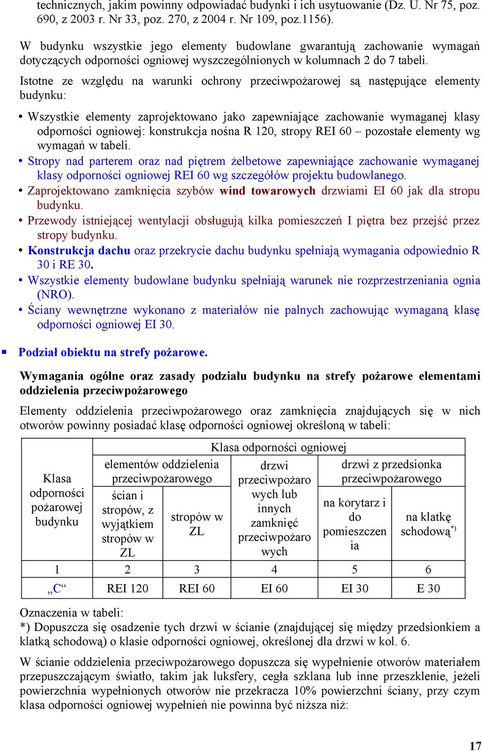 Istotne ze względu na warunki ochrony przeciwpożarowej są następujące elementy budynku: Wszystkie elementy zaprojektowano jako zapewniające zachowanie wymaganej klasy odporności ogniowej: konstrukcja