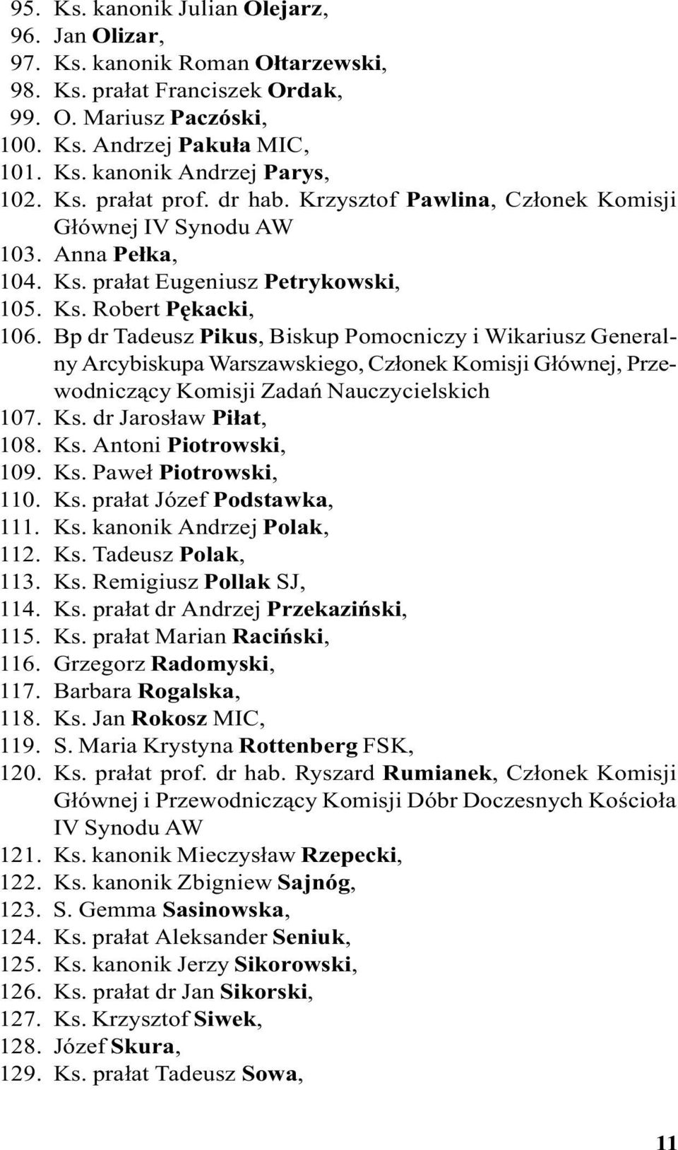 Bp dr Tadeusz Pikus, Biskup Pomocniczy i Wikariusz Generalny Arcybiskupa Warszawskiego, Cz³onek Komisji G³ównej, Przewodnicz¹cy Komisji Zadañ Nauczycielskich 107. Ks. dr Jaros³aw Pi³at, 108. Ks. Antoni Piotrowski, 109.