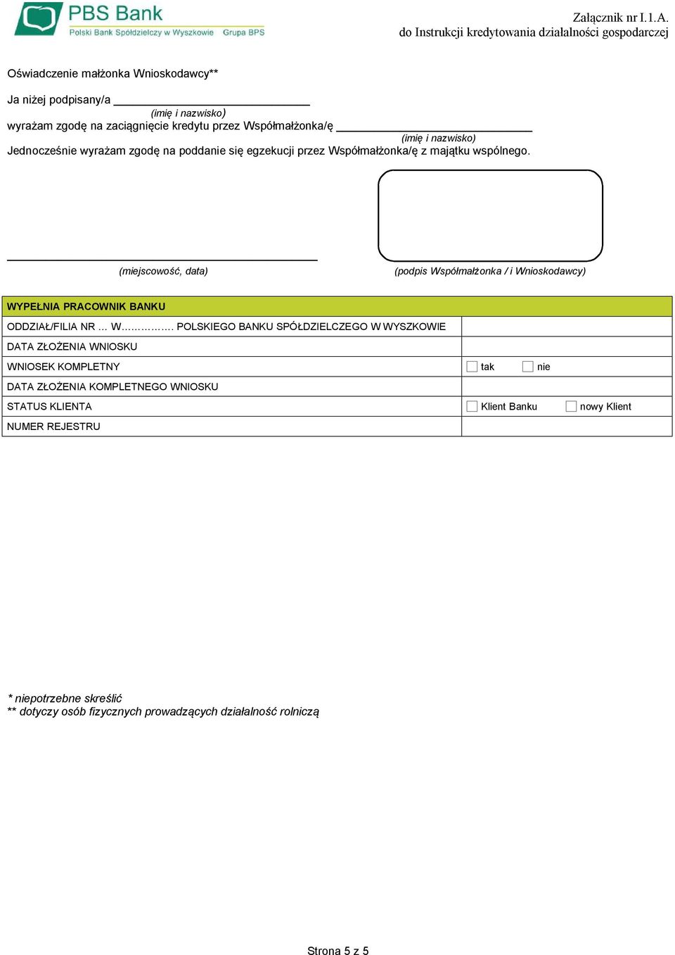 (miejscowość, data) (podpis Współmałżonka / i Wnioskodawcy) WYPEŁNIA PRACOWNIK BANKU ODDZIAŁ/FILIA NR W.